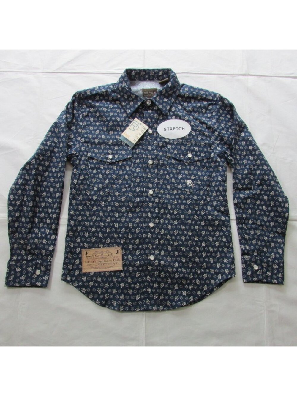 Roper Boy's M (8-10) Long Sleeve Stretch Paisley Print Snap Shirt Blue